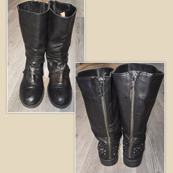 BCBG Paris Amy Studded Heel Slouchy Moto Boot Black Faux Fake Leather Size 7.5 - Picture 2 of 8